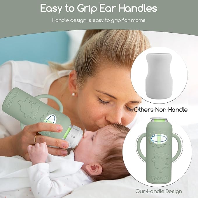 4 Pack Silicone Sleeves for Dr. Brown's Glass Baby Bottles -Drop Protection Easy-Grip Baby Bottle Sleeves Holder with Handles, Compatible with Dr. Brown's Newborn Glass Bottles 8 oz/250 mL