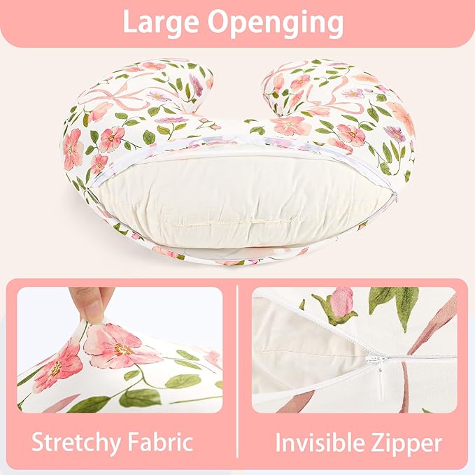 TANOFAR Nursing Pillow Cover, Stretchy Removable Breastfeeding Pillow Cover, Ultra Soft Snug Fits On Newborn Feeding Pillow Case for Baby Girls, Pink Bow