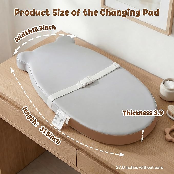 Baby Diaper Changing Pad with Wipeable & Waterproof PU Cover, Contoured Baby Changing Pad for Dresser, Non-Slip Changing Table Pad with Adjustable Strap, Cushioned Contoured Foam Grey