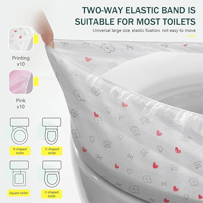 20 Pack Disposable Toilet Seat Cover Waterproof Non-Woven Fabric, Disposable Toilet Seat Covers for Travel, Disposable Seat Covers for Outing Hotel Hospital Public Toilet (Print+Pink)