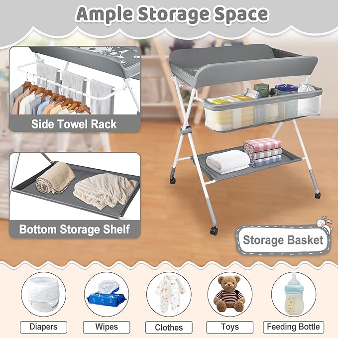 Baby Changing Table, Portable Folding Diaper Changing Station with Wheels, Adjustable Height Nursery Organizer with Safety Belt & Storage Basket & Hanging Rack for Newborn Baby and Infant (Gray)