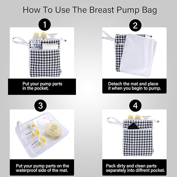 Breast Pump Bag Wet/Dry Bag with Preparation Place Mat, Waterproof Pump Parts Storage Bag for Moms Pumping at Work or Outdoors(Houndstooth)