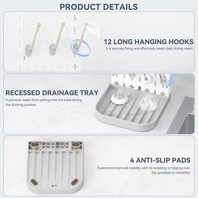 Baby Bottle Drying Rack Baby Bottle Holder Space Saving Bottle Dryer Rack Station Countertop Storage Organizer 12 Travel Bottle Drying Rack Vertical Breast Pump Part Plastic Bag Cup Dryer Tower Grey