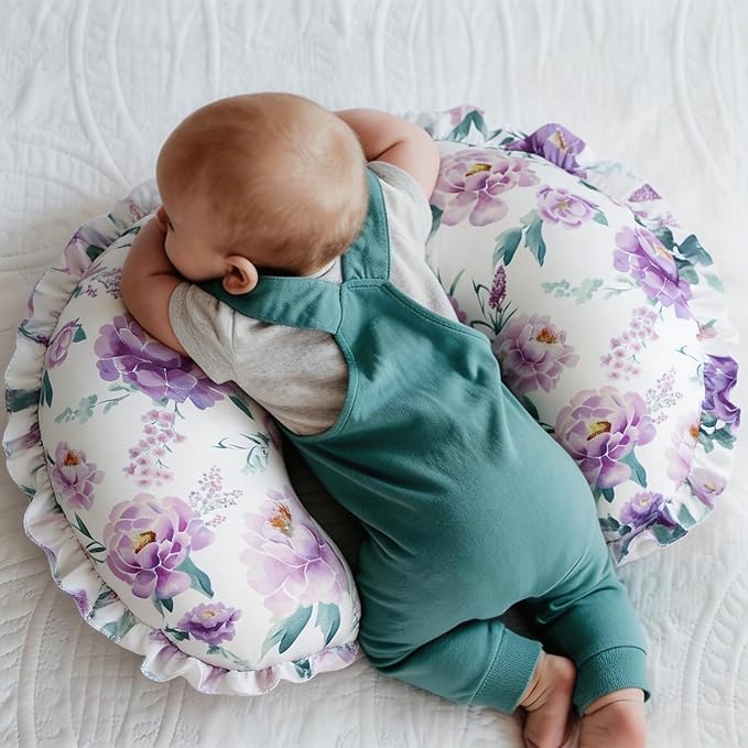 Ruffle Nursing Pillow Cover, Removable Stetchy Case for Breastfeeding Pillows, Ultra Soft and Breathable Feeding Pillow Slipcover with Modern Design Lace for Infant Girls Boys, Purple Floral