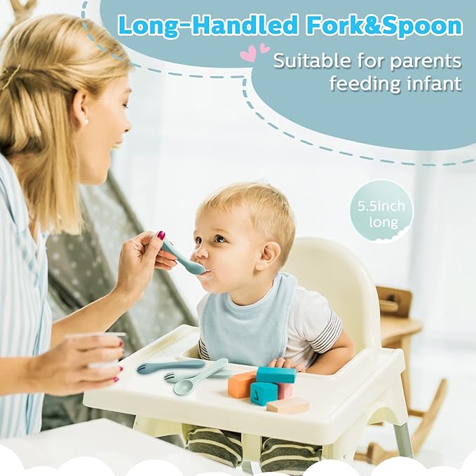 Nuenen 6 Pieces Silicone Baby Feeding Forks and Spoons Set Hot Safety First Stage Self Feeding Supplies Mini Kids Utensils for over 6 Months Babies Boy Girl Toddlers First Foods (Ocean Color)