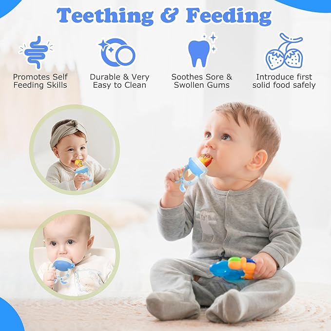 Baby Fruit Feeder Pacifier | 2 Infant Food Feeder Pacifier & 2 Baby Food Dispensing Spoon | Fresh Fruit Teethers for Babies | Silicone Feeder Babies,Infant Teething Feeders (Blue-Rabbit)