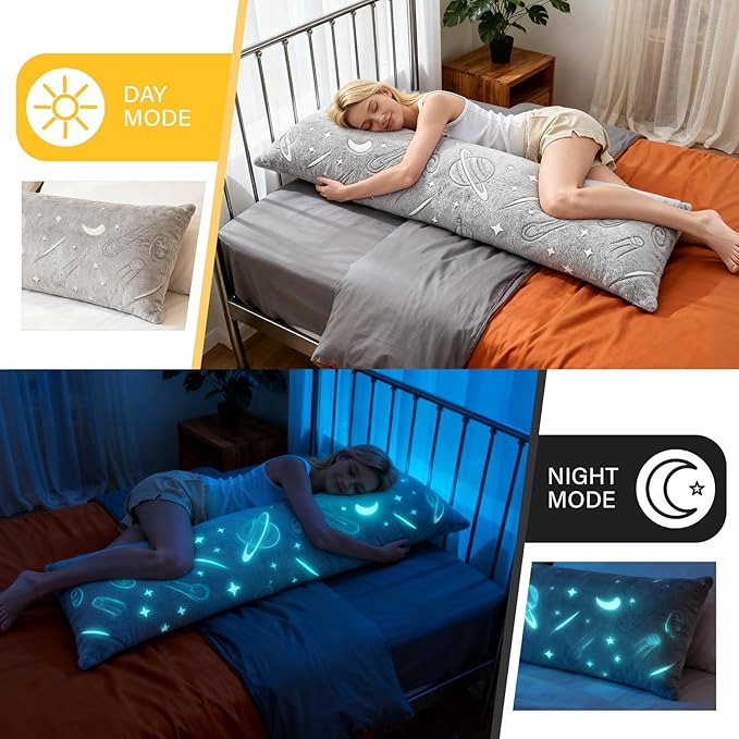 2PCS Glow in The Dark Body Pillow Cover 21x54 Inches Soft Plush Pillowcase Set with Starlit Sky Pattern Grey Long Pillow Cover with Side Zipper