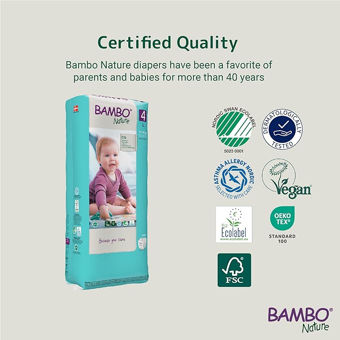 Bambo Nature Hypoallergenic Baby Diapers, Eco-Labeled Diapers, Enhanced Leakage Protection, Totally Chlorine-Free, Skin Friendly, and Super Absorbent - Size 4 (48 Count)