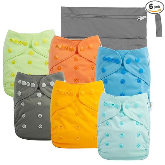 babygoal Cloth Diaper Covers 6 Pack with Wet Bag for Fitted Diapers and Prefolds with Double Gussets, Adjustable and Reusable for Baby Boys and Girls