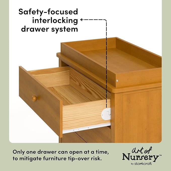 Storkcraft Rio 3 Drawer Chest with Changing Topper (Almond) – GREENGUARD Gold Certified, Premium Wood Dresser for Baby & Kids Bedroom, Safety Interlocking Drawers, Pre-Installed Tracks, Kids Chest