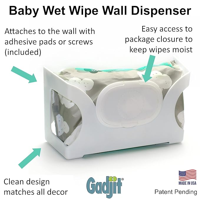 Gadjit Baby Wet Wipes Wall Dispenser | Mounts on Wall, Holds Up to 84 Count Pack | Keeps Wipes Within Easy Reach of Messes (Gray)