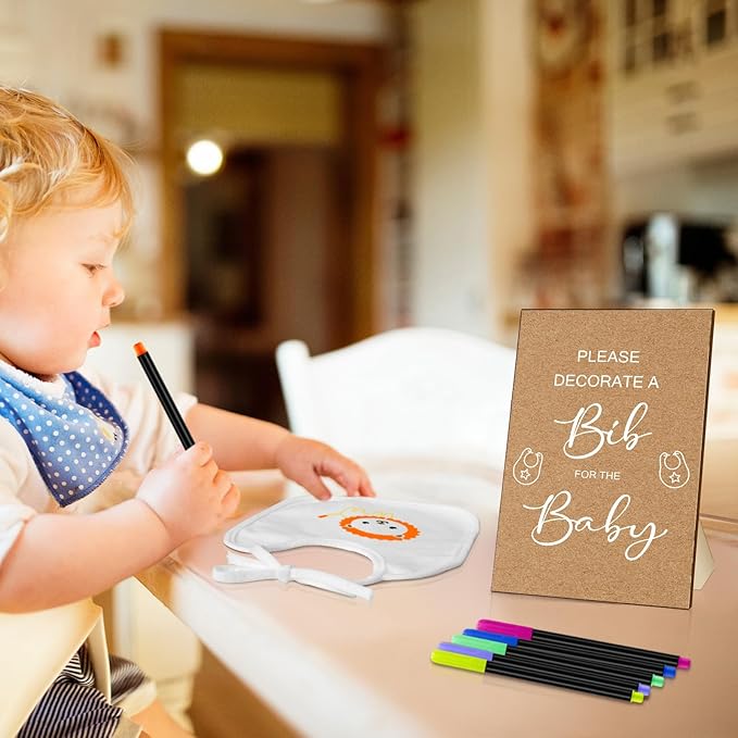 SytuHe 95 Pcs DIY Baby Bibs Decorating Kit50 White Bibs 24 Stencils 20 Fabric Markers 1 Baby Shower Game Sign
