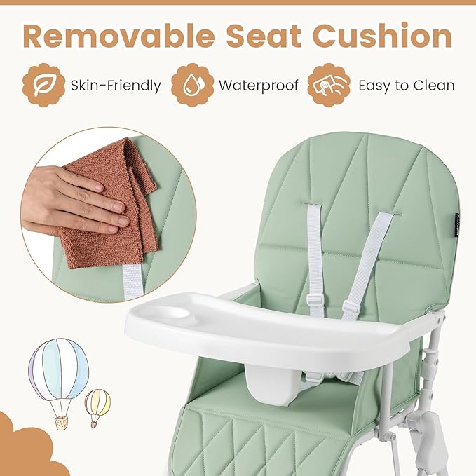 HONEY JOY High Chair, Foldable Baby Feeding Chair, Adjustable Tray & Footrest, Removable Easy-to-Clean PU Seat Cushion, 5-Point Harness, Cup Holder, Highchairs for Babies and Toddlers (Green)
