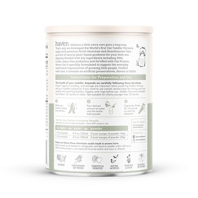 Haven Oat Toddler Formula, Plant Based Dairy Free Oat and Oat Protein Powder for Toddlers With Probiotics, Prebiotics, Lutein and Omega 3 Dha, Easy Digestion Formula, Non GMO, American Made, 14.1 Oz
