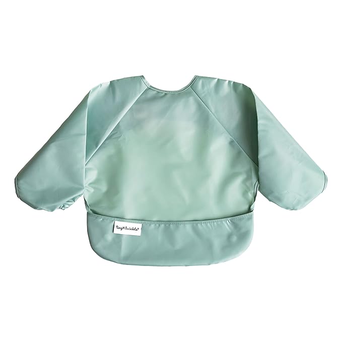 Tiny Twinkle Long Sleeve Bib for Babies & Toddlers | 2-Pack Waterproof Smock Bib for Eating | Machine Washable & Mess-Proof Feeding Essentials | Newborn Shower Gift (Sage Charcoal,6–24M)