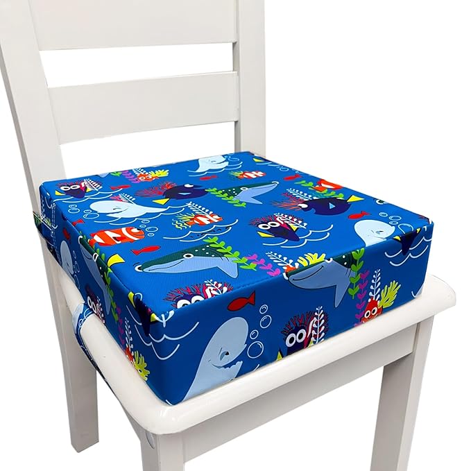 Toddler Booster Seats for Dining Kitchen Chair with Double Safer Straps Non-Slip Bottom for Kids, Portable Travel High Density Sponge Detachable Cushion for Boys Girls (Blue Ocean L)