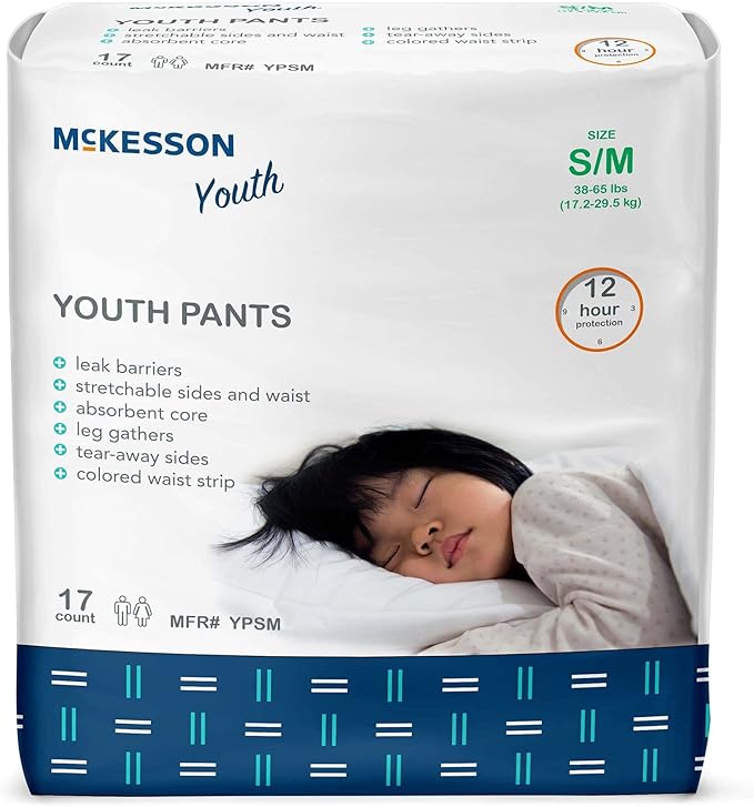 McKesson Youth Pants, Overnight Pediatric Pull Up Pants for Boys or Girls, Disposable Training Pant, 12 Hour Protection - Size Small/Medium, 38-65 lbs, 17 Count, 1 Pack, White