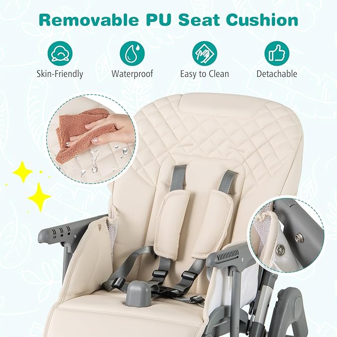 BABY JOY Foldable High Chair for Babies and Toddlers, Portable Adjustable Highchair with Footrest, Detachable Tray, Easy to Clean PU Seat Cushion, 5-Point Safety Belt and Built-in Wheels (Beige)