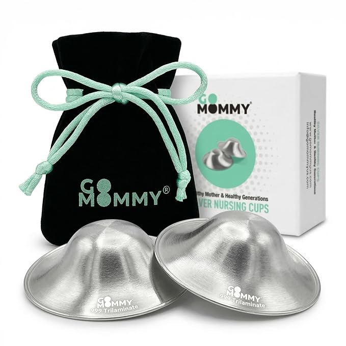 Go Mommy 999 Silver Nursing Cups — Trilaminate 3-Layer Construction | Nipple Shields for Breastfeeding Newborn | Sore Nipple Comfort Between Feeds, Nickel-Free, Regular Size (2 Cups + Storage Bag)