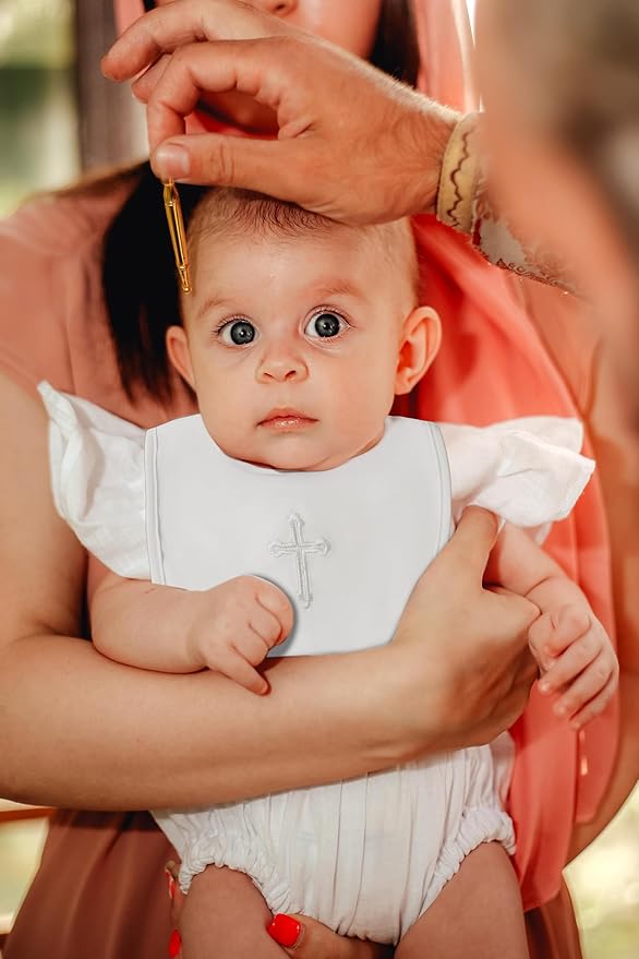Baptism Bib for Baby Boy and Girls - Soft Cotton Adjustable Christening Outfits Embroidered Cross Bib