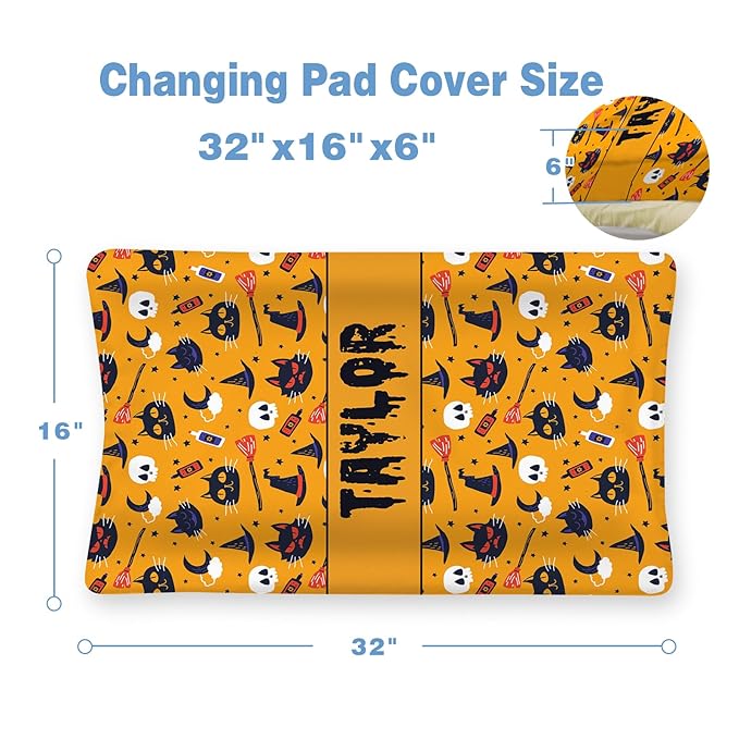 KAINSY Personalized Halloween Pumpkin Ghost Print Changing Pad Cover, Custom Diaper Change Table Sheets with Name, Soft Jersey Knit Change Table Sheets, 2 Pack Changing Pad Covers (16" x 32")