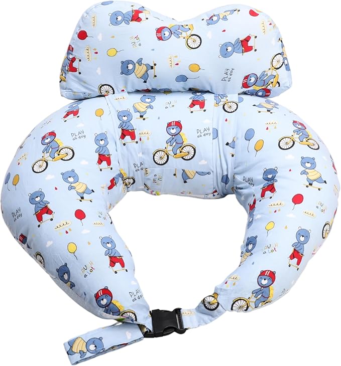 RELY+ Wheelybear Sky Blue Adjustable Nursing Pillow Detachable 100% Cotton Cover | Perfect Support with Plush Polyester Fill | Comfortable for Moms & Babies