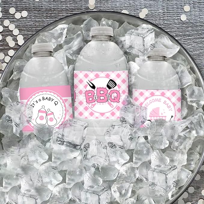 24PCS BBQ Baby Shower Water Bottle Labels, Barbecue Baby Shower Waterproof Self Adhesive Water Bottle Labels for Cookout BBQ Babyq Shower Decorations Girl Pink