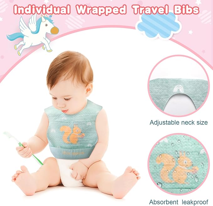 Shinymoon 100 Pcs Disposable Baby Bibs Individual Wrapped Travel Bibs Waterproof Food Catcher for Toddlers Girls Boys Feeding