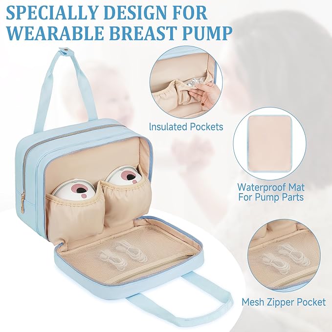 Breastmilk Cooler Travel Bag,Wearable Breast Pump Storage Bag Compatible with Momcozy/Eufy/Elvie/Willow/Medela Breast Pump with Ice Pack and Waterproof Mat,Blue