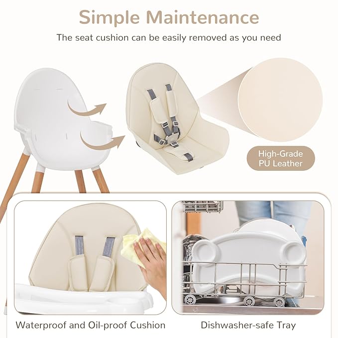 HONEY JOY Baby High Chair, Eat & Grow Beech Wooden Highchair for Babies and Toddlers, Removable Double-Layer Food Tray, 5-Point Harness, PU Cushion and Footrest for Infants Boys Girls (Beige)