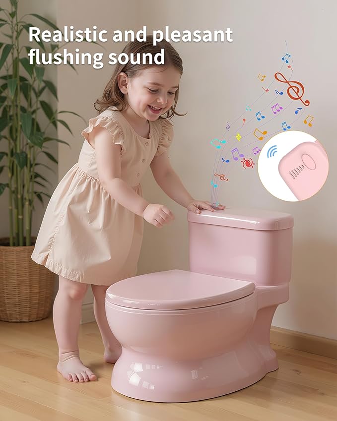 Realistic Potty Training Toilet - Flushing Sounds, Wipes Storage, Disposable Liners, Easy to Clean for Toddler Boys and Girls (Pink)