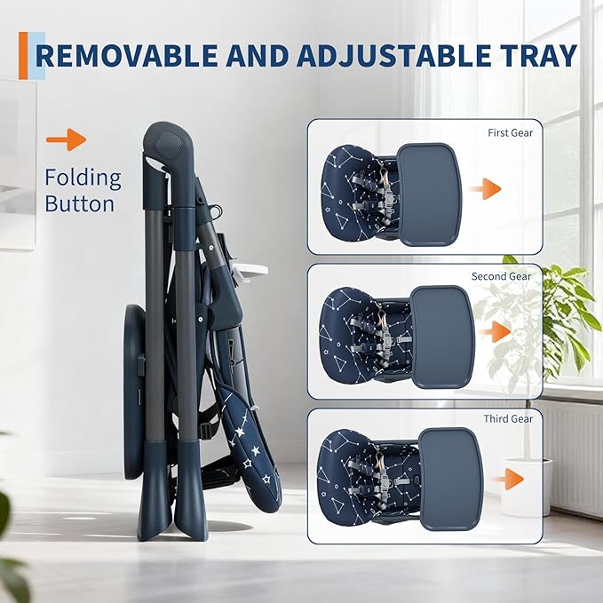 GarveeHome Baby High Chair, Foldable Feeding Chairs for Babies and Toddlers, Adjustable Height/Backrest/Footrest, Removable Tray, Fast Folding Blue