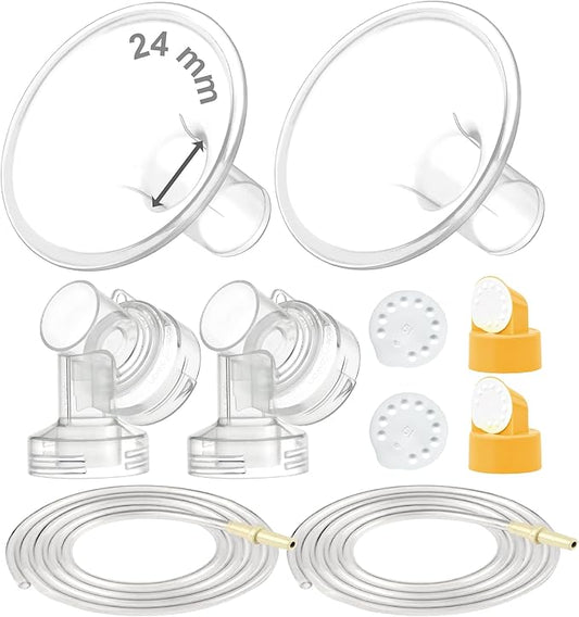 Maymom Breast Pump Kit Compatible with Medela Pump in Style Advanced Pump; 2xTwo-Piece 24mm Breastshield, 2 Valve, 4 Membrane, 2 Replacement Tubing; Replacement Part for Medela Shield, Valve