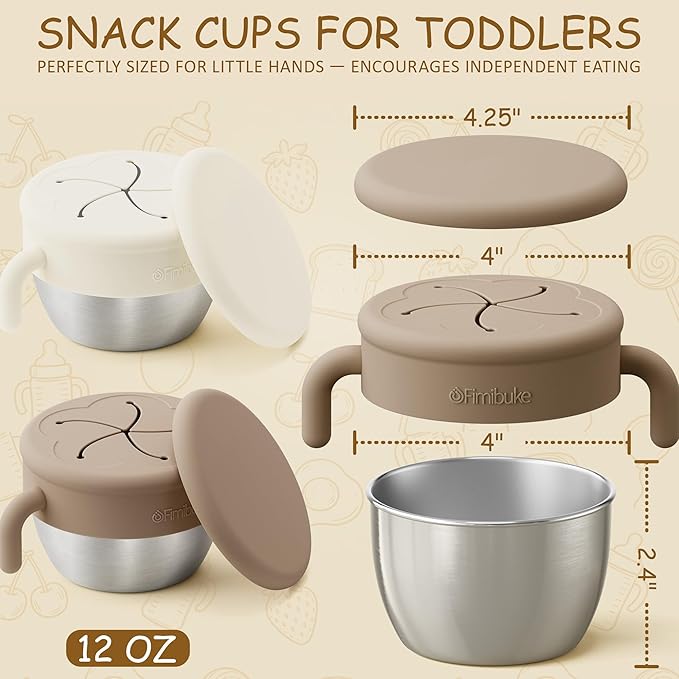 Fimibuke Snack Containers for Toddlers Kids, 12 OZ Spill Proof Stainless Steel Baby Snack Cups with Removable Silicone Food Catcher, Handles & Travel Lid BPA-Free Dishwasher Safe Food Container 2 Pack