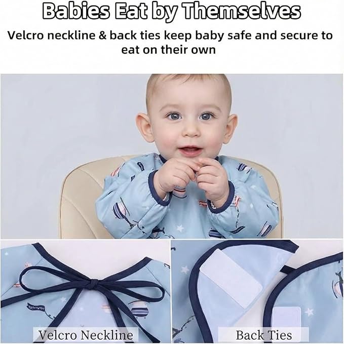 MOTEERLLU Coverall Baby Feeding Bib for Eating,Long Sleeves Bib Attaches to Highchair and Table,Weaning Bibs