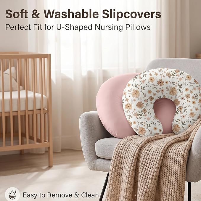 Baby Waterproof Nursing Pillow Cover, Stretchy Nursing Covers for Breastfeeding Pillows, Adorable Infant Feeding Pillow Slipcover for Baby Boy and Girls (Lotus Root Powder + Brown Flowers ﻿)