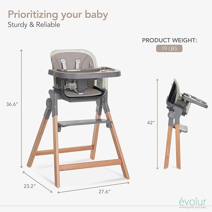 Evolur Tiny Throne 3-in-1 Convertible High Chair, Removable & Dishwasher Safe Tray, Converts to Booster Seat & Adult Stool, Easy-to-Clean Feeding Solution – Fossil Gray