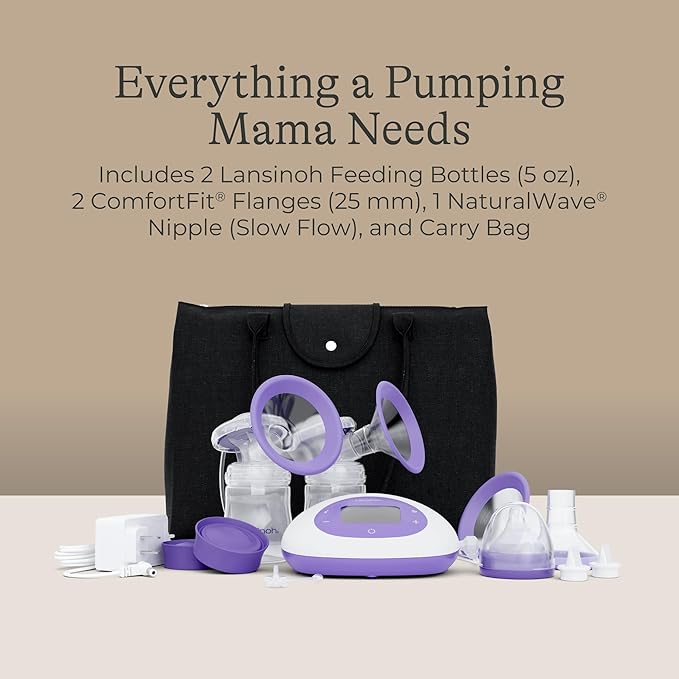 Lansinoh Signature Pro Portable Double Electric Breast Pump with LCD Screen | 3 Power Modes, 25mm Flanges, 2 Bottles, 1 Slow Flow Nipple, & Carry Bag