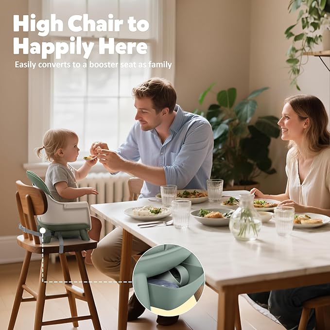 TODEFULL 8 in 1 Wooden High Chairs for Babies Toddlers, Convertible to Booster Seat, Baby Feeding Highchair w/ 5-Point Safety Harness, Removable Tray & Cushion, Green