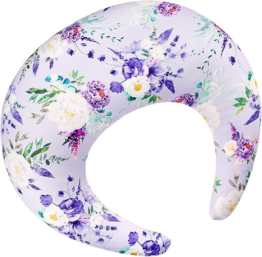 Floral Nursing Pillow Cover, Soft Breastfeeding Pillow Cover Purple, Removable Nursing Covers for Breastfeeding Pillows, Comfortable Slipcover for Baby Girl (Only Case)
