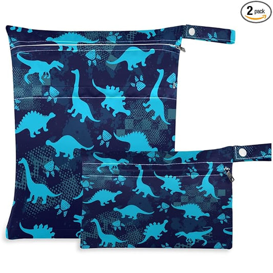 visesunny Blue Dinosaur Footprint 2Pcs Wet Bag with Zippered Pockets Washable Reusable Roomy for Travel,Beach,Pool,Daycare,Stroller,Diapers,Dirty Gym Clothes, Wet Swimsuits, Toiletries