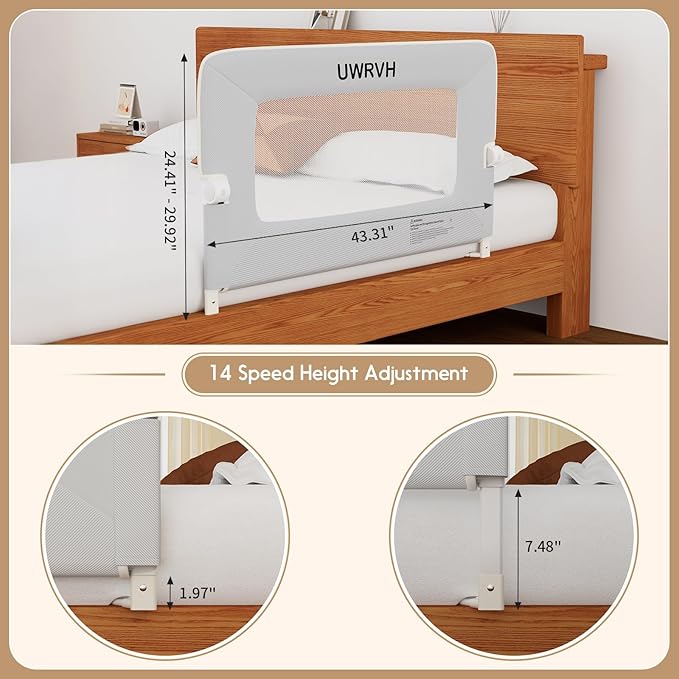 Folding Bed Rail Guard for Toddlers,Safety Toddler Bed Rails,Baby Bed Rails- U-Shape No Drilling Design, Universal Fit for Twin/Full/Queen/King/Bunk Beds (Grey, 43" L x 28" H)