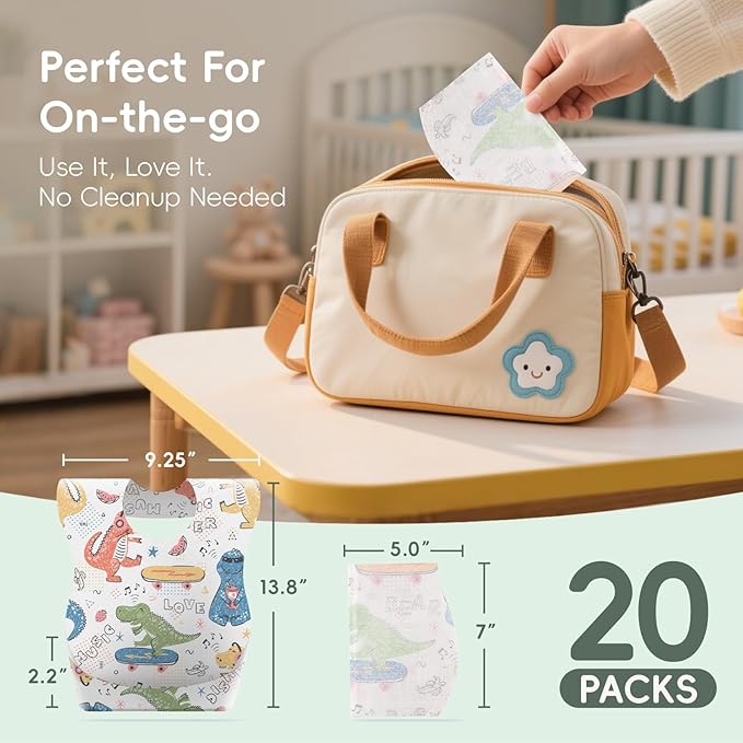KIIS Disposable Baby Bibs for Travel - Paper Bibs for Infant, Toddlers & Kids - Travel & Daycare Essentials, 20 Count