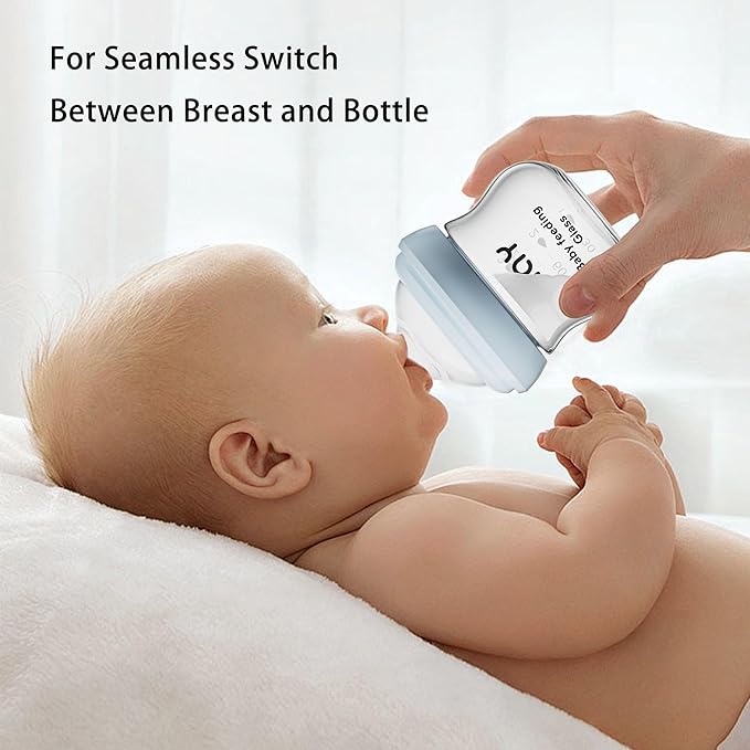 yanyoyo Natural Glass Baby Bottle for Breastfeeding Babies, 5.4oz Anti-Colic Baby Bottle with Natural Response Nipple(S), Clear, Wide Neck, 2 Pack, 1 Months+