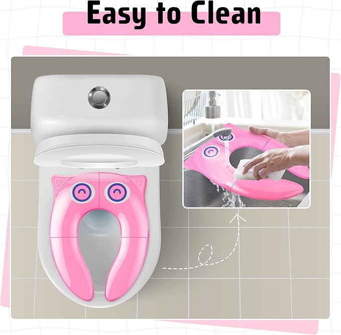 Portable Potty Seat for Toddler Travel - Foldable Non-Slip Potty Training Toilet Seat Cover for Girls, Baby Kids with Drawstring Bag (Pink Owl)