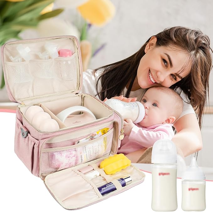 Breast Pump Bag Compatible with Spectra S1 and S2, Breast Pumping Travel Storage Bag with Waterproof Mat for Pumping Essentials and Accessories, Pink