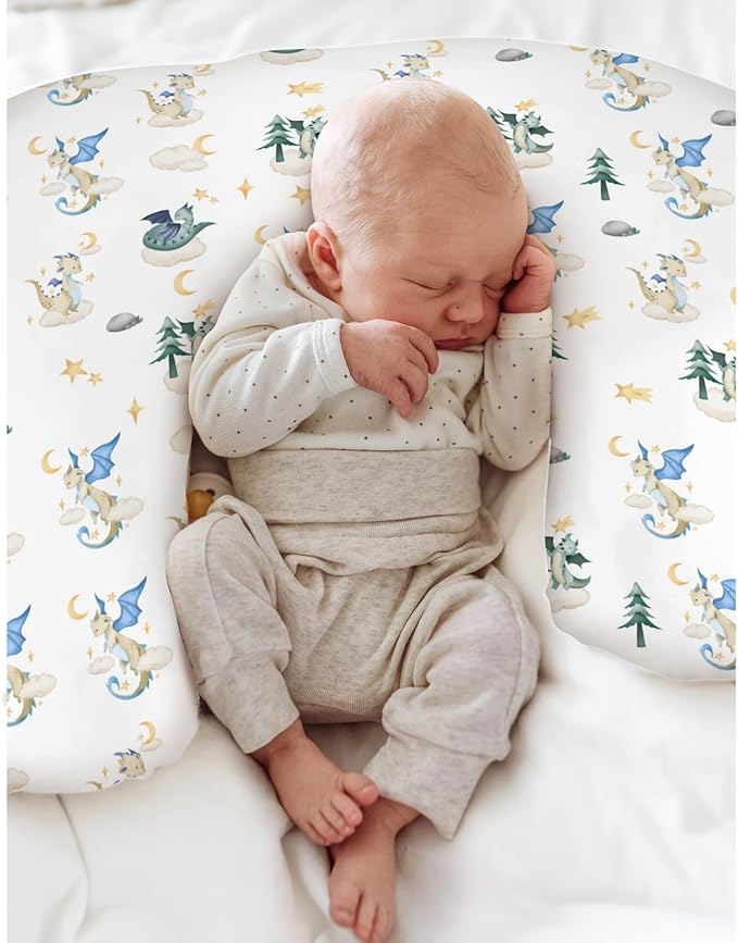 Fantasy Dragon Baby Nursing Pillow Covers for Boy Girl Fairytale Dragons Moon Stars Clouds Trees Nursery Pillowcase for Breastfeeding Pillows Myth Animal Soft Stretchy Slipcovers for Newborn Infant