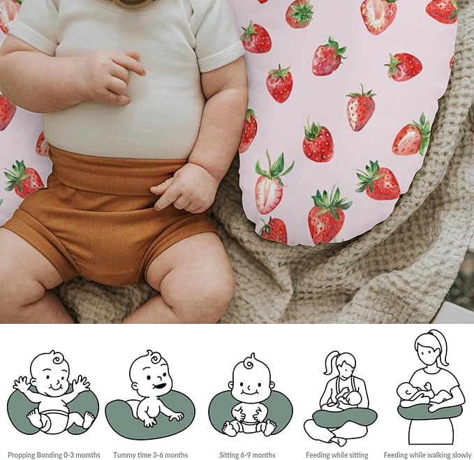 Red Strawberries Baby Nursing Pillow Covers for Boy Girl Watercolor Strawberries Fruit Nursery Slipcovers for Breastfeeding Pillows Sweet Summer Pink Soft Stretchy Removable Covers for Newborn Infant