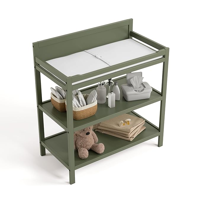 Storkcraft Alpine Changing Table (Olive) - Includes Water Resistant Changing Pad with Safety Strap, 2 Open Shelves for Storage