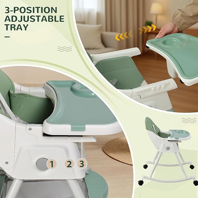 Ktaxon Baby High Chair, 6-in-1 Portable Feeding Rocking Seat with Adjustable Backrest, Removable Tray and 5-Point Safety Harness, Travel Folding Highchair for Toddlers & Babies, Green